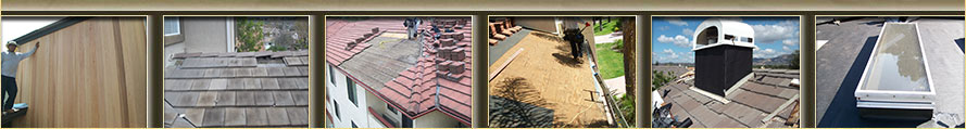 this is a group of six images that show roof repair, types of roofing, siding, a chimney, and a skylight repair